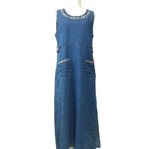 Vintage 90s Jane Ashley Denim Midi Jumper Shift Dress M Blue Cotton Embroidered